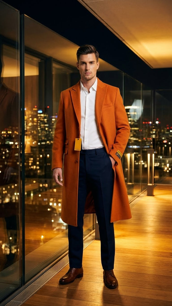 Mens Orange - Rust Wool Blend Long Overcoat Topcoat Carcoat Topcoat