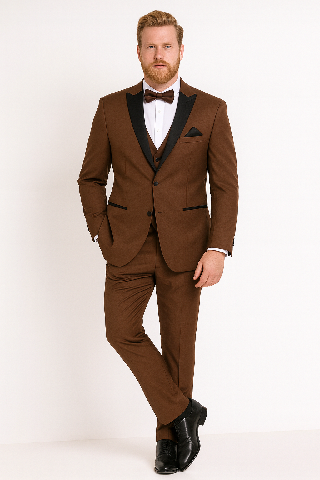 Menâ€™s Light Brown Tuxedo Suit with Black Satin Lapel â€“ 3 Piece Formal Wedding & Prom Outfit - Country Look - 34 Short or Extra Small