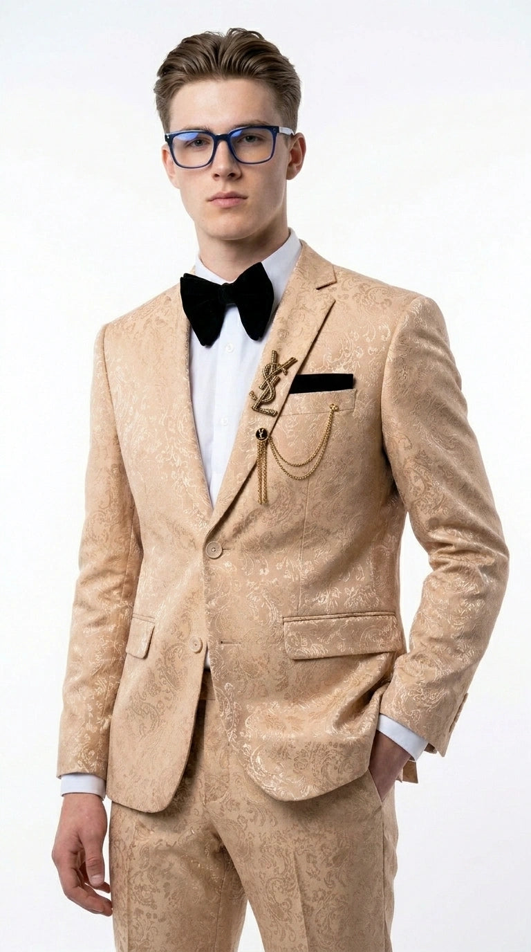 Men’s Champagne Gold Paisley Prom Tuxedo, Formal Dinner Suit for Prom, Weddings, Parties in Tan Color - 34 Short or Extra Small