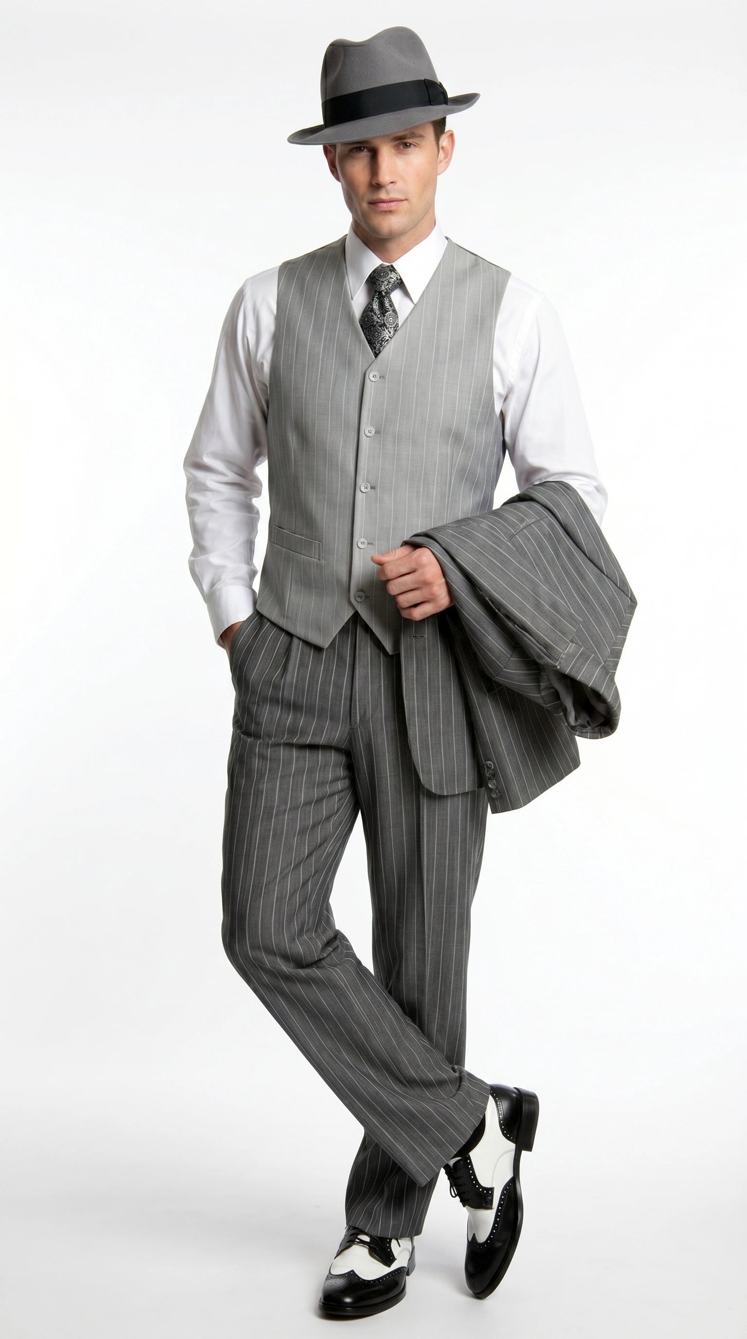 Men’s Grey Pinstripe 1920s Gangster 3 Piece Suit, Contrast Lapel Vintage Formal Suit for Parties, Prom, Weddings, and Theme Events - 34 Short or Extra Small