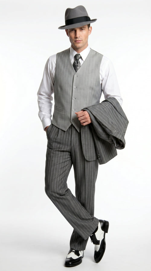 Men’s Grey Pinstripe 1920s Gangster 3 Piece Suit, Contrast Lapel Vintage Formal Suit for Parties, Prom, Weddings, and Theme Events