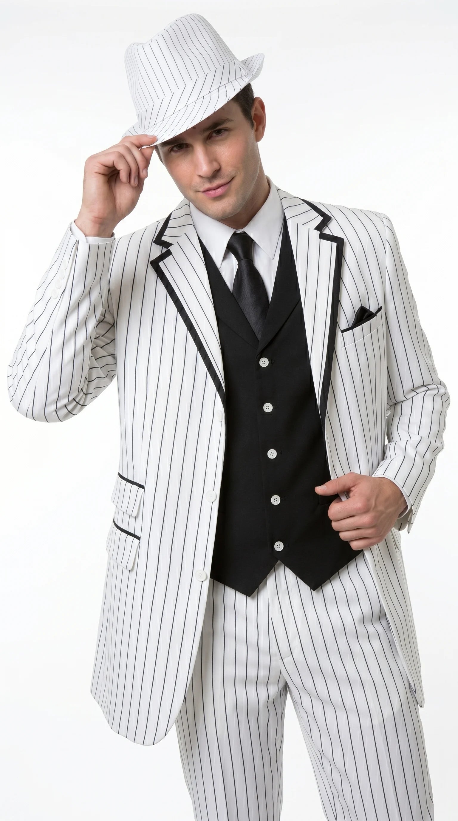 Men’s White Pinstripe 1920s Gangster 3 Piece Suit, Black Contrast Formal Costume Suit for Parties, Prom, Weddings, and Theme Events - 34 Short or Extra Small