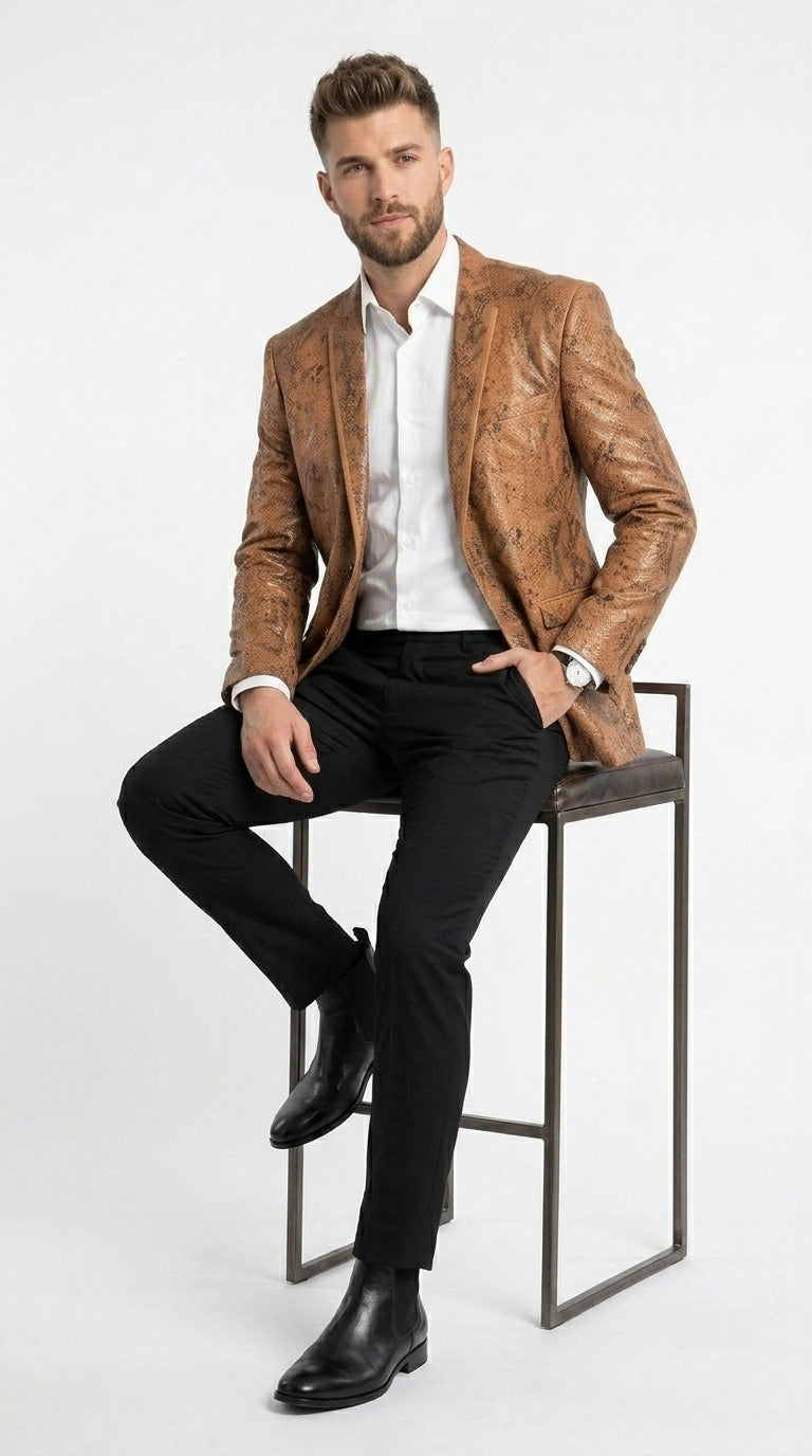 Men’s Tan Snakeskin Print Blazer, Brown Sport Coat Camel Alligator Crocodile Animal Print leopard Jacket - 36 Short
