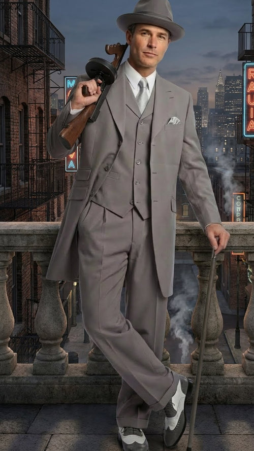 Mens Gray Zoot Suit with Matching Hat and 1920s Shoes | Grey Vintage Wedding and Party Three Piece Suit