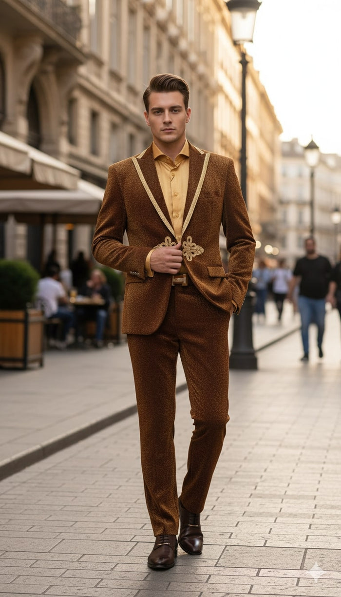Mens Bronze Shiny Velvet Suit Designer Party and Wedding Wear Blazer and Pant Set Brown and Gold Tuxedo