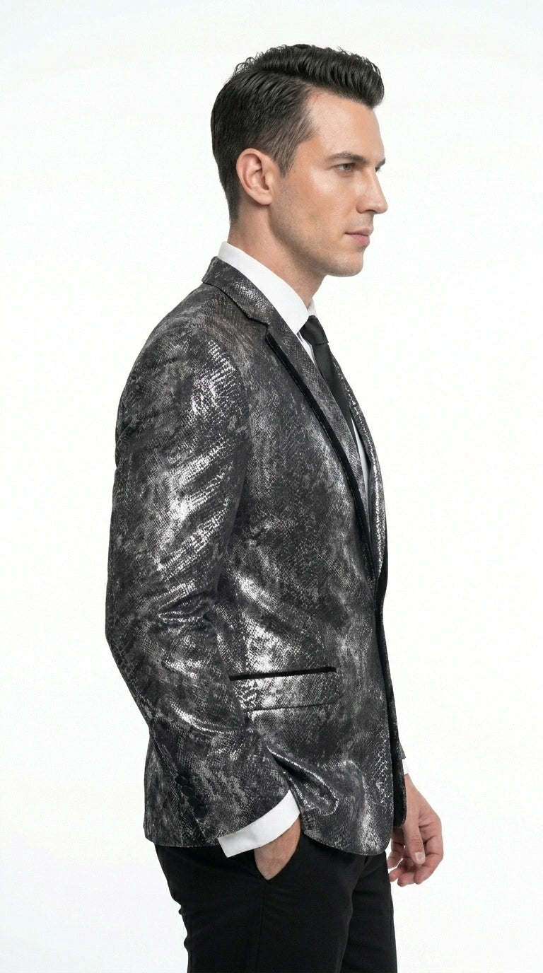 Men’s Black and Charcoal Gray Snakeskin Print Blazer, Animial Exotic Skin Alligator Crocodile Texture - 36 Short
