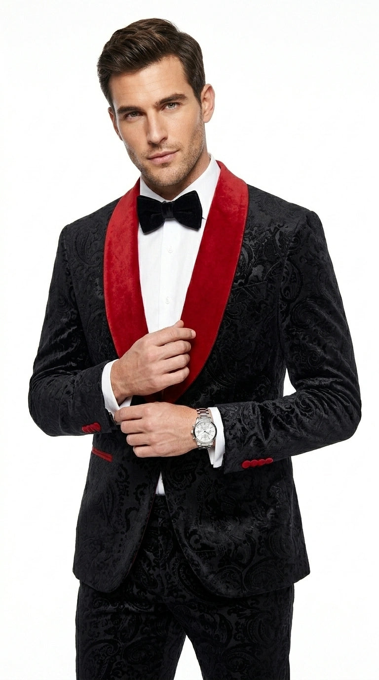 Men’s Black Paisley 2 Piece Suit with Red Shawl Lapel, Formal Wedding Prom Party Suit Set - 34 Short or Extra Small