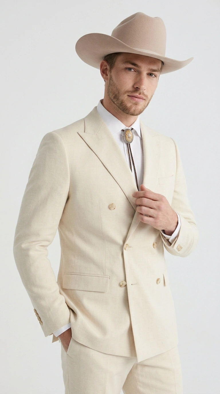 Men’s Tan Linen Cowboy Suit, Double Breasted Western Wedding Formal Western Suit Country style in Beige Tan Color - 34 Short or Extra Small