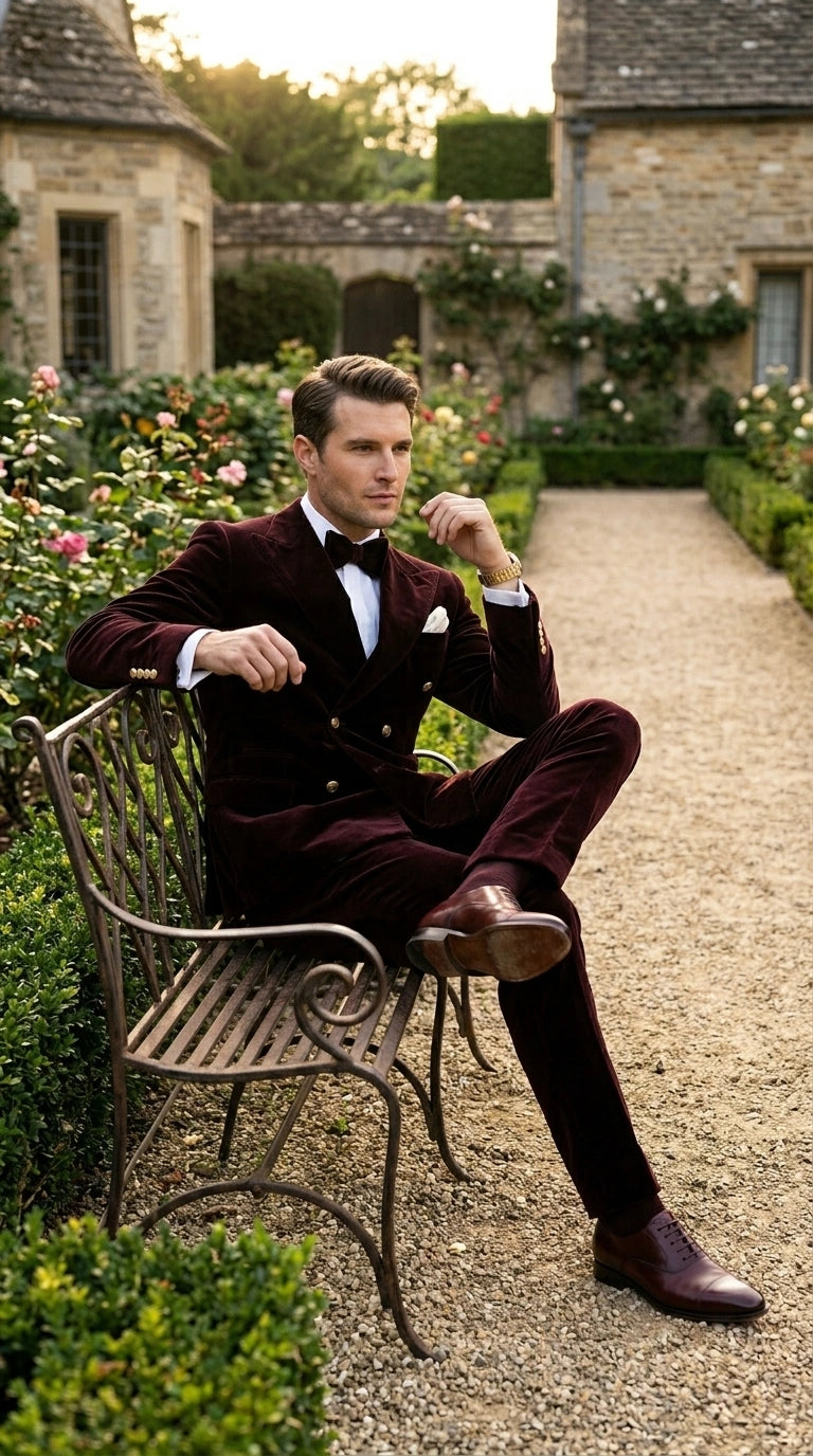 Men’s Dark Brown Velvet Blazer and Pants 2 Piece Suit, Double Breasted Formal Dinner Suit for Weddings, Prom - 34 Short or Extra Small