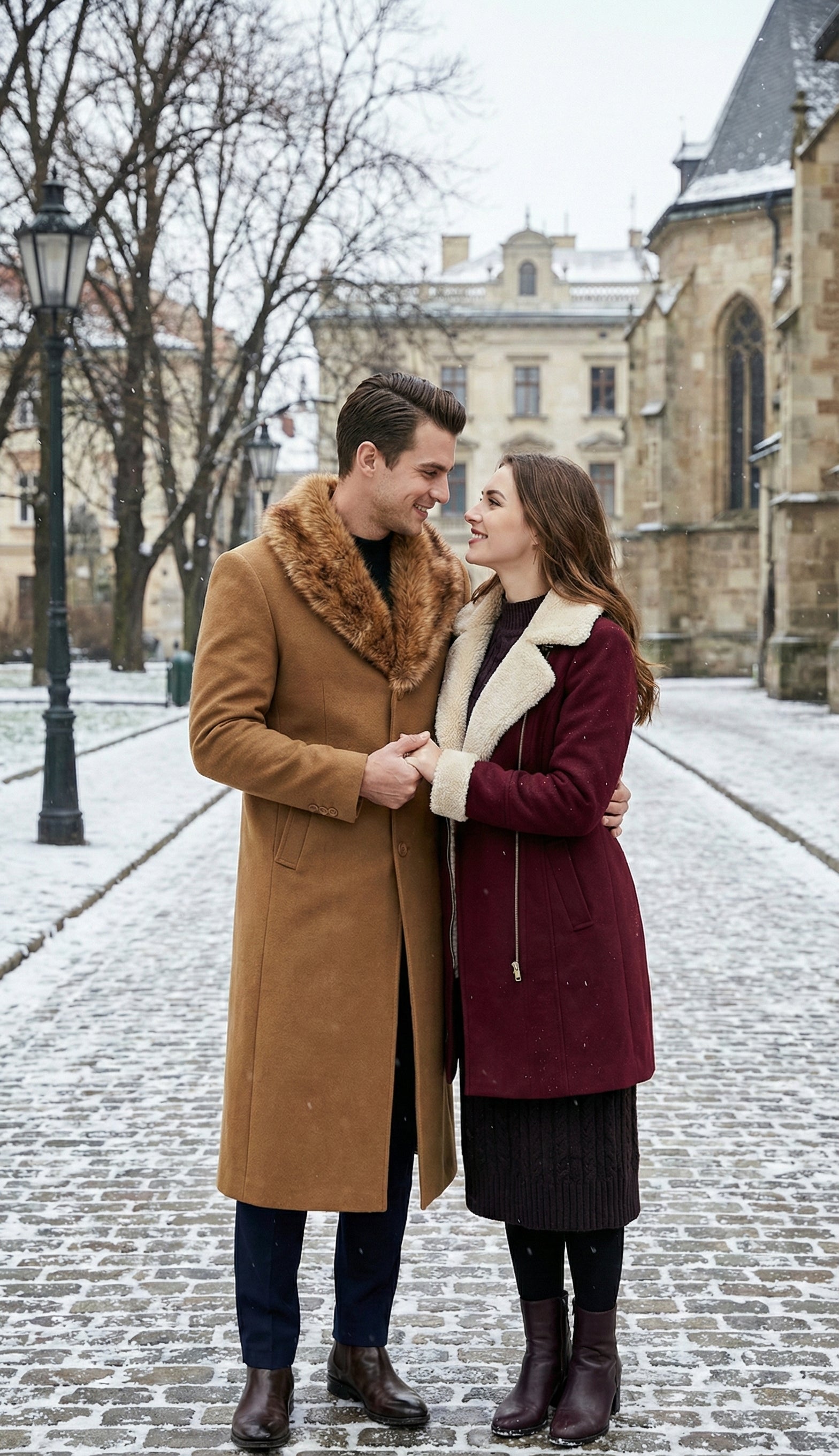 Men's Camel Brown Long Overcoat with Faux Fur Collar, Classic Winter Topcoat for Formal and Business Wear - Coat Size 34