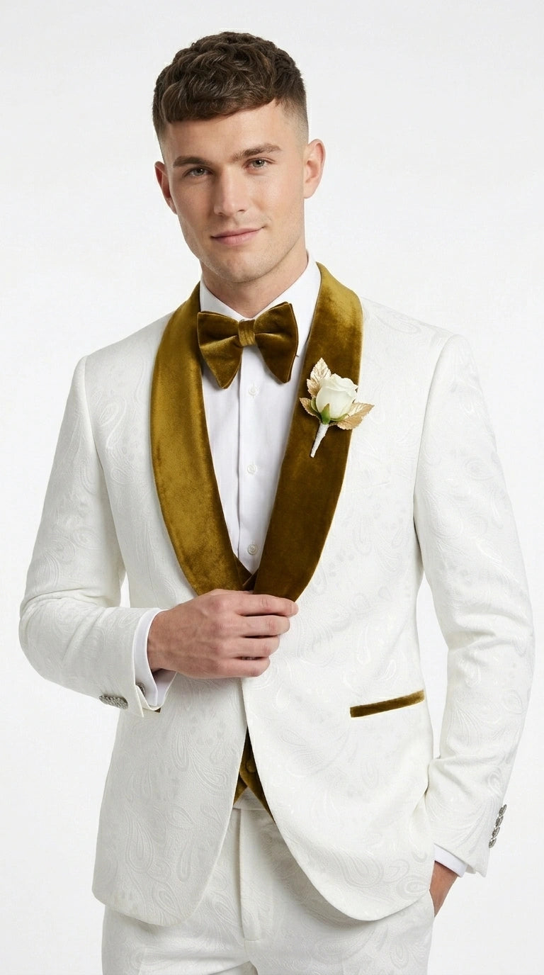 Men’s White Paisley 3 Piece With Vest Prom Tuxedo with Gold Velvet Shawl Lapel, Formal Wedding Suit Set - 34 Short or Extra Small