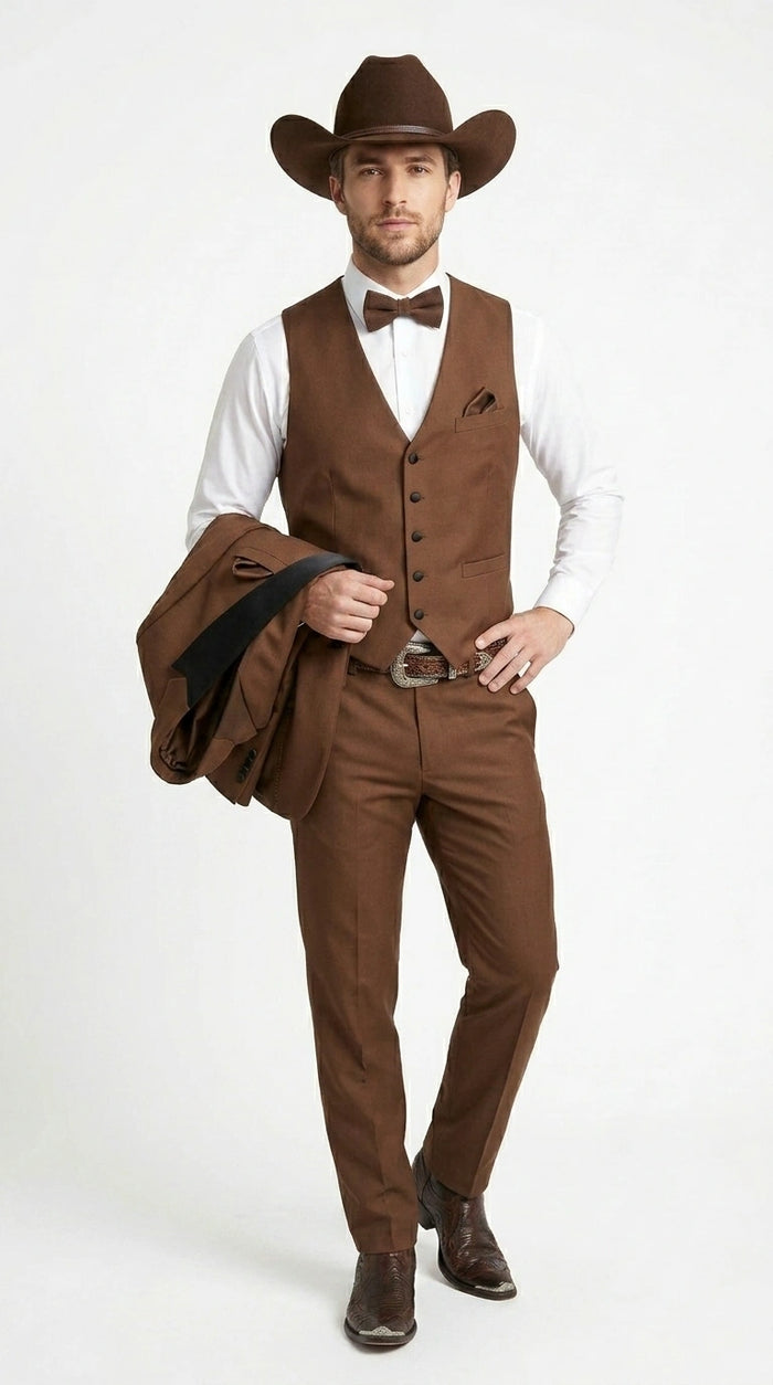Men’s Light Brown Western Tuxedo 3 Piece Suit with Black  Collar Lapel, Country Look Cowboy Suit