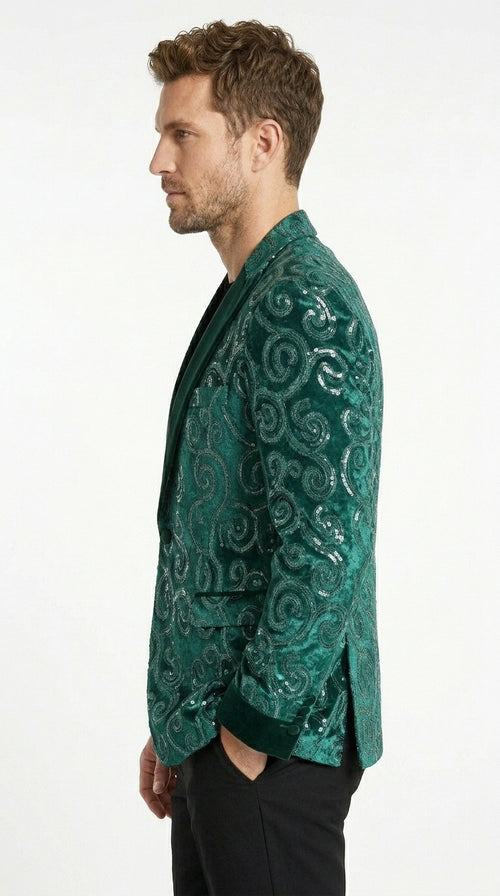 Men’s Emerald Green Paisley Tuxedo Dinner Jacket with Black Lapel, Formal Prom Wedding Party Blazer