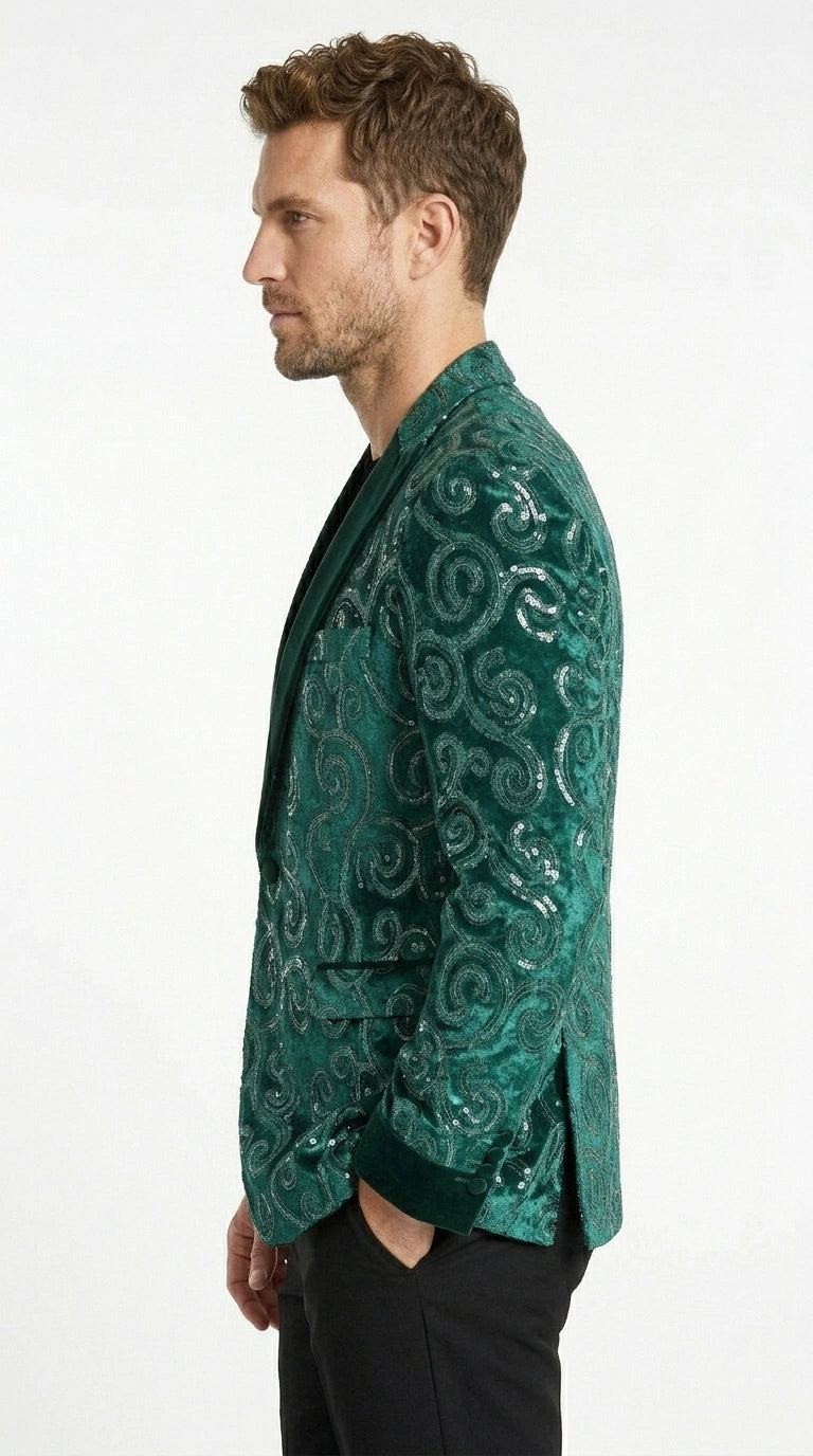 Men’s Emerald Green Paisley Tuxedo Dinner Jacket with Black Lapel, Formal Prom Wedding Party Blazer - 34 Short or Extra Small