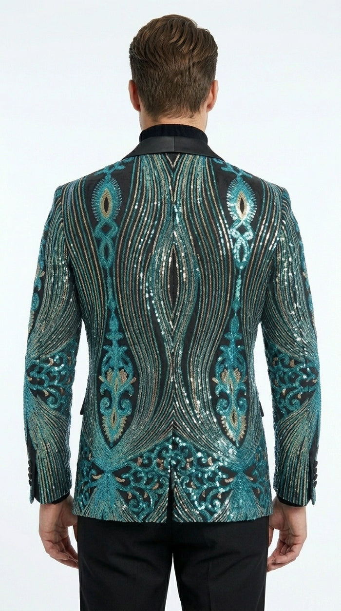 Men’s Black and Turquoise Blue With teal green Sequin Dinner Jacket, Formal Prom Wedding Paisley Floral Mardi Gra Pattern