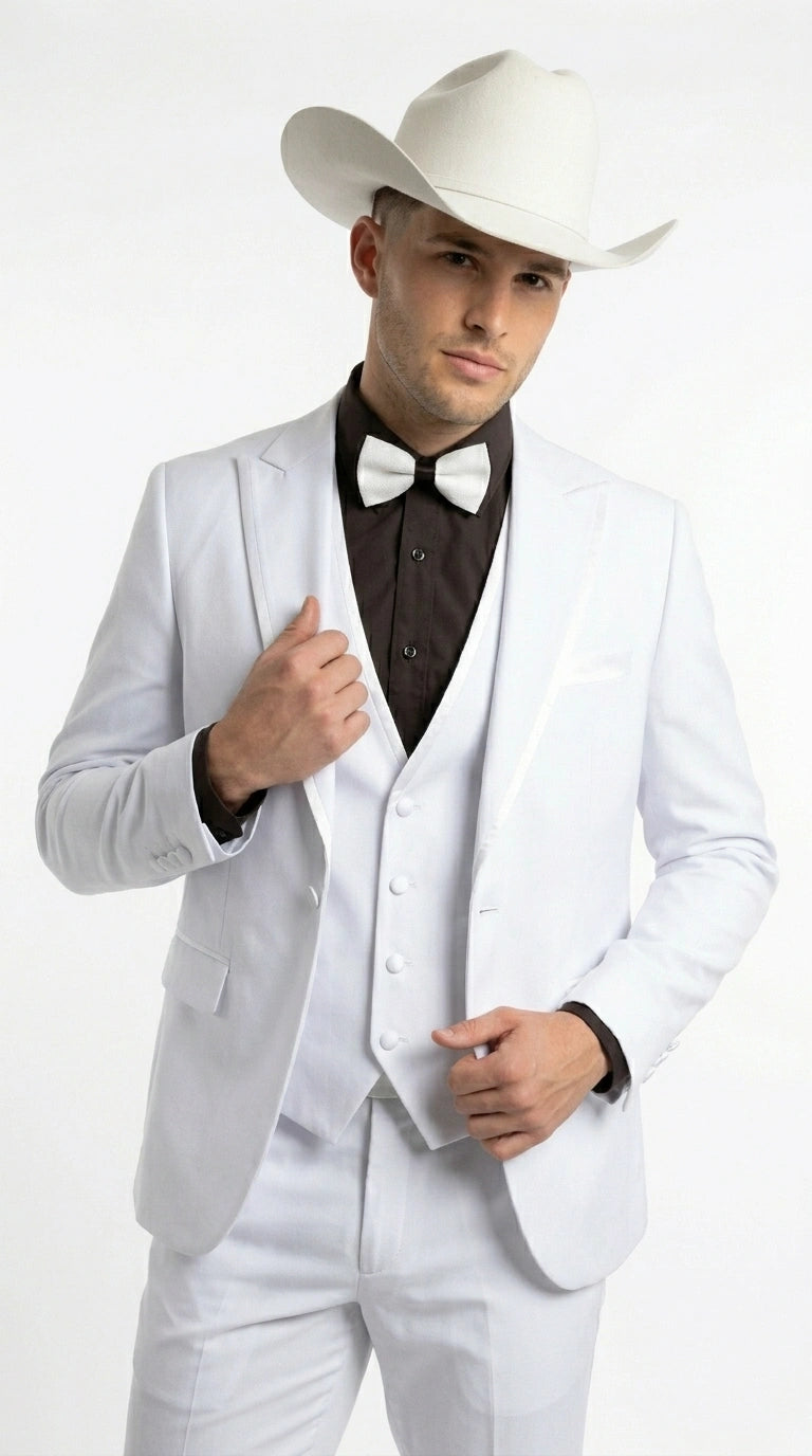 Men’s White Western Cowboy 3 Piece Tuxedo Suit, Formal Wedding Prom Groom Suit Set - 34 Short or Extra Small