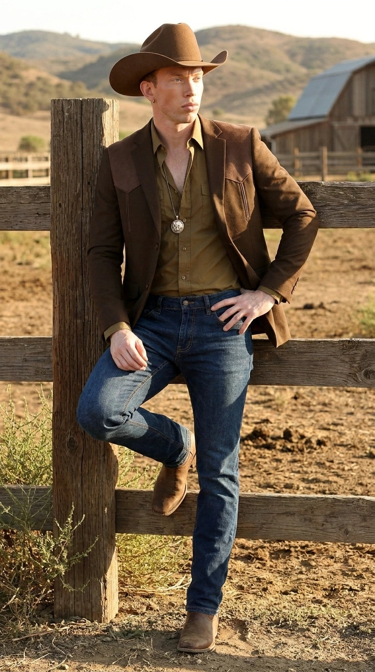 Men’s Dark Brown Western Blazer with Suede Yokes, Cowboy Sport Coat for Ranch Wedding and Country Events - 36 Short
