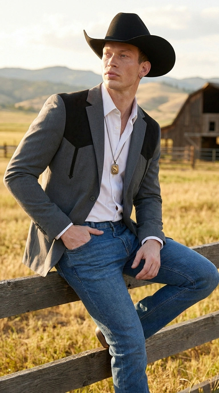 Men’s Dark Charcoal Western Blazer with Black Suede Yokes, Cowboy Sport Coat for Ranch Wedding and Country Events By Platini - 36 Short