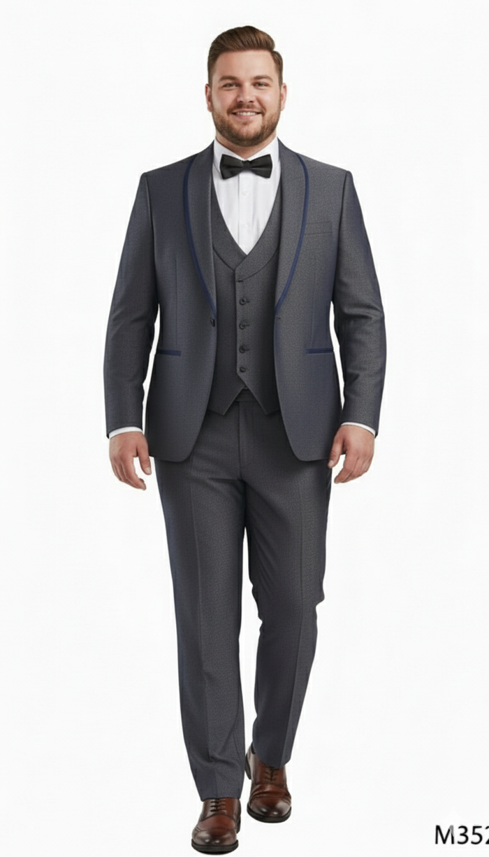Mens Charcoal Gray with blue Trim Slim Fit 3-Piece Suit Modern Wedding and Business Formal Tuxedo Set