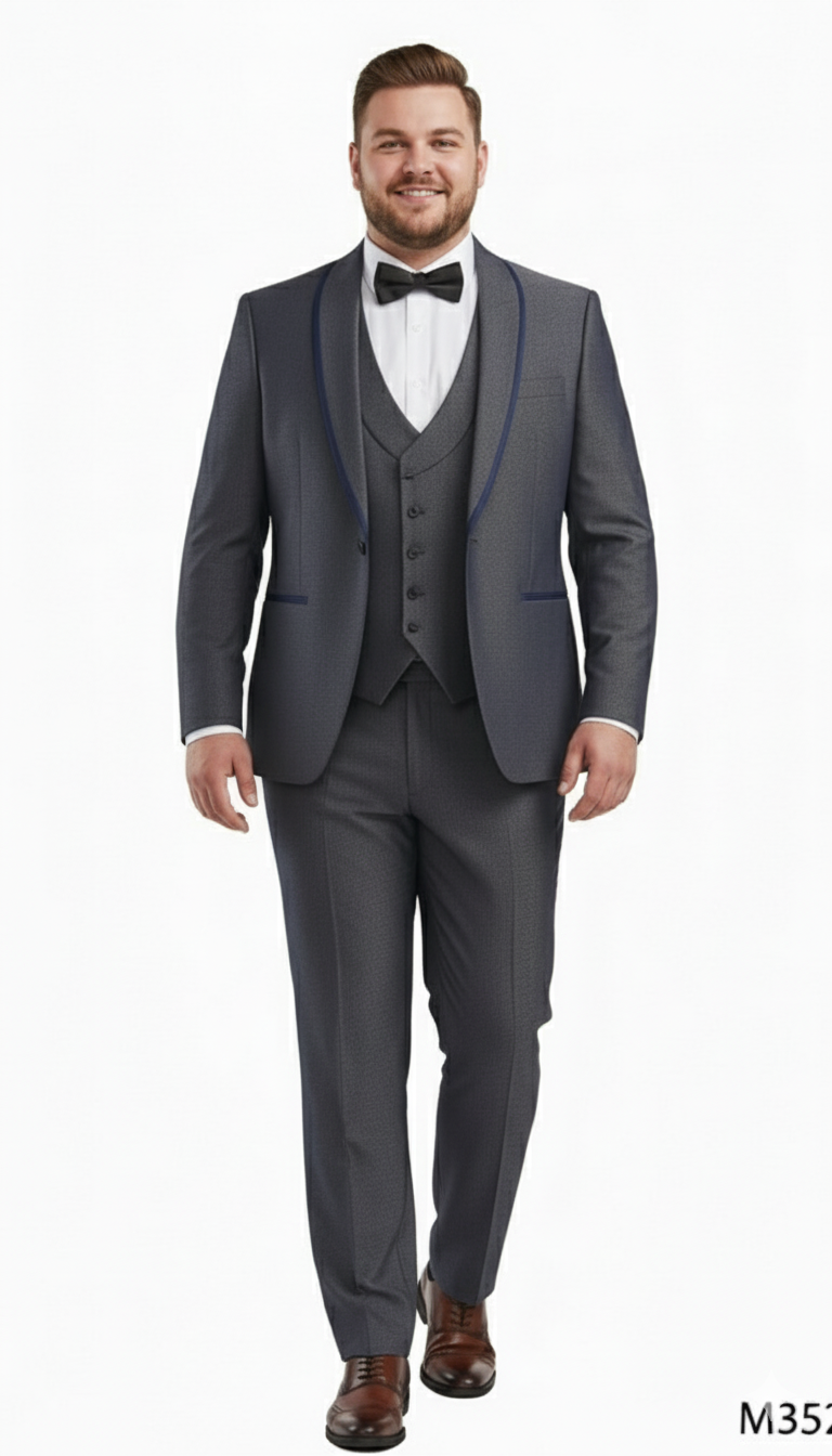 Men’s Charcoal Gray with blue Trim Slim Fit 3-Piece Suit – Modern Wedding and Business Formal Tuxedo Set - 34 Short or Extra Small