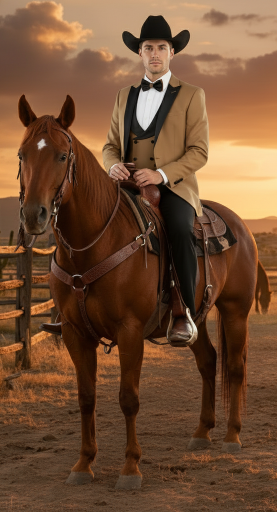 Mens Western Cowboy Tuxedo Tan and Black 3-Piece Suit with Satin Lapel and Vest in Mocca Coffee Color