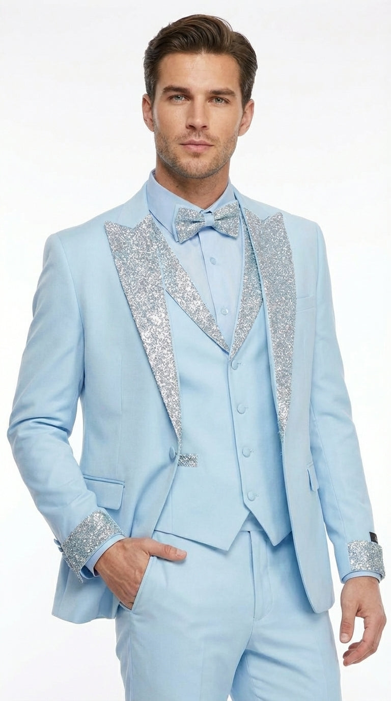 Men’s Light Blue Suit with Silver Glitter Lapel – Light Blue Formal Tuxedo Suit for Prom, Wedding and Special Occasion Wear in Sky Baby Blue - 34 Short or Extra Small
