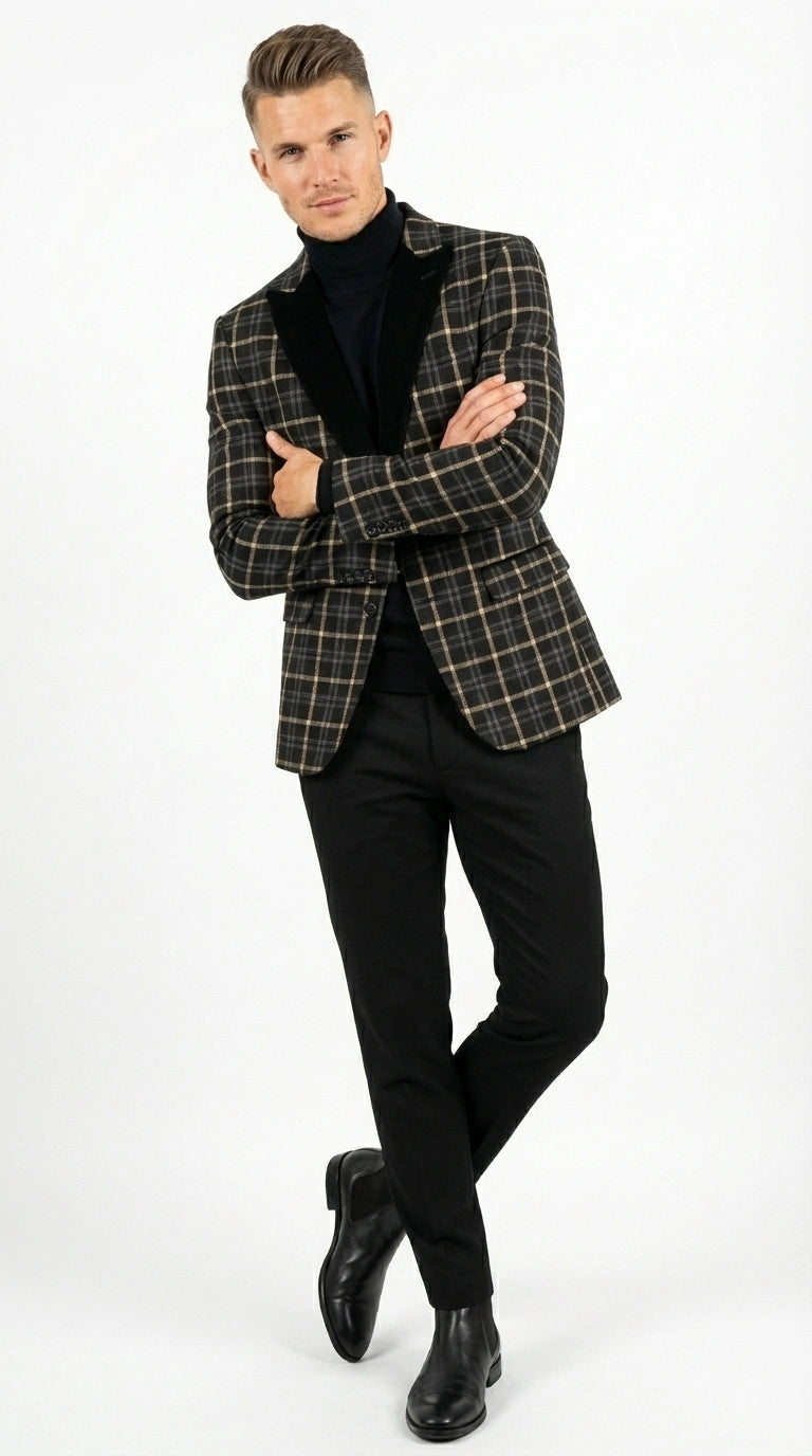 Mens Tartan Black and Gold Check Blazer – Windowpane Plaid Sport Coat Velvet Lapel Formal Party Jacket Chirsitmas New Year Holiday Jacket - 36 Short