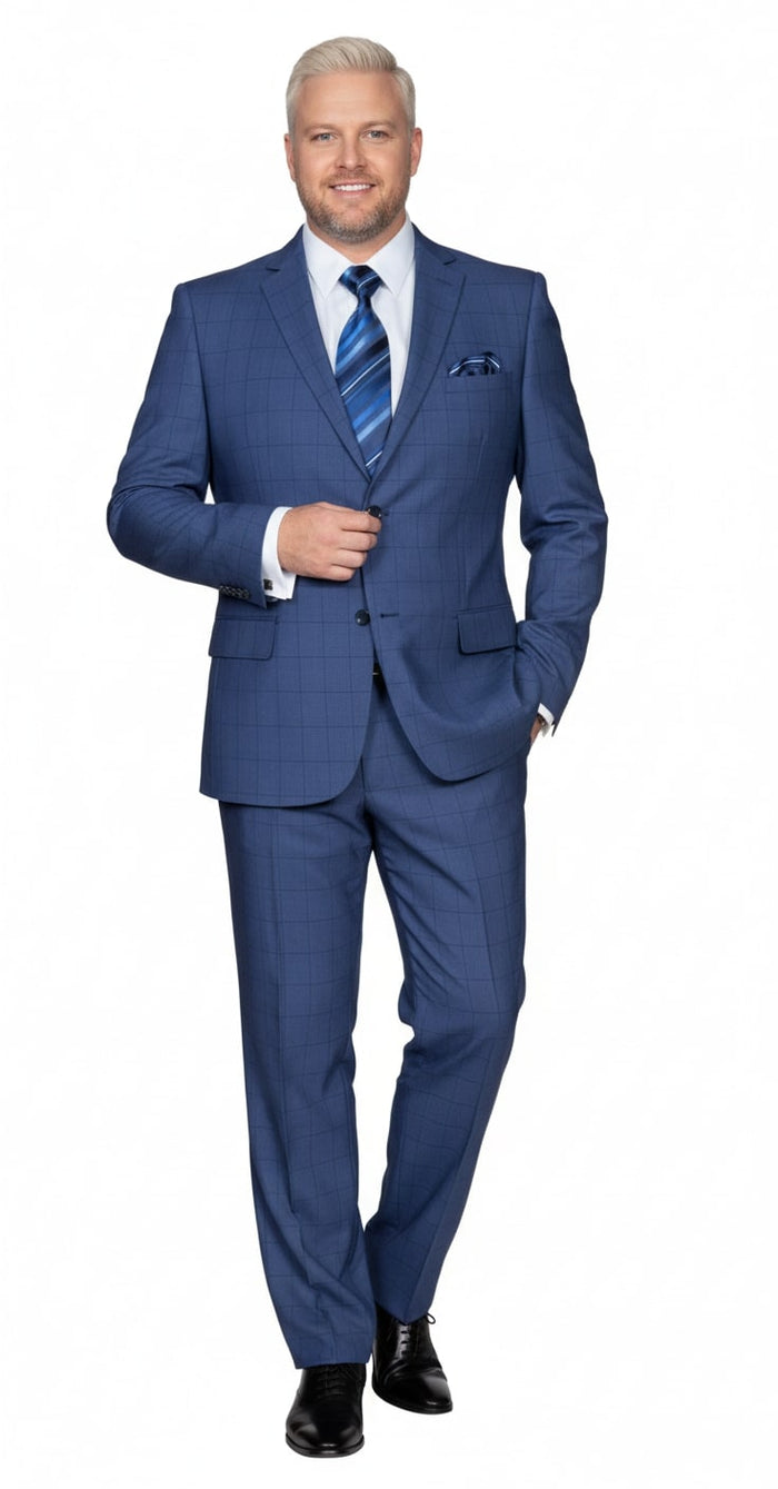 Mens Indigo Navy Blue Windowpane Check Suit Classic 2-Piece Formal Business and Wedding Wear Set in Cobalt Blue