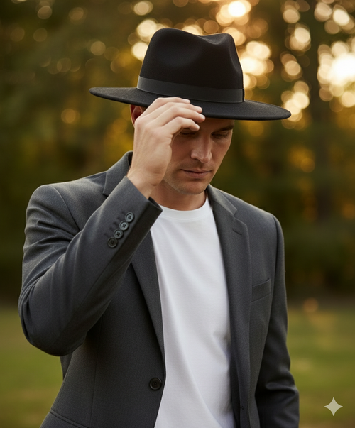 Mens Black Wide Brim Fedora Hat Classic Wool Felt Dress Hat with Matching Black Band