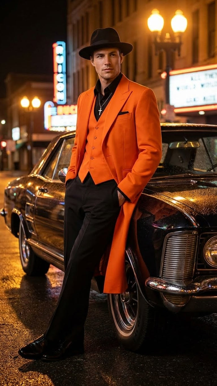Mens halloween Costume Orange Long Zoot Suit Set With Black Shirt and Black Pants included