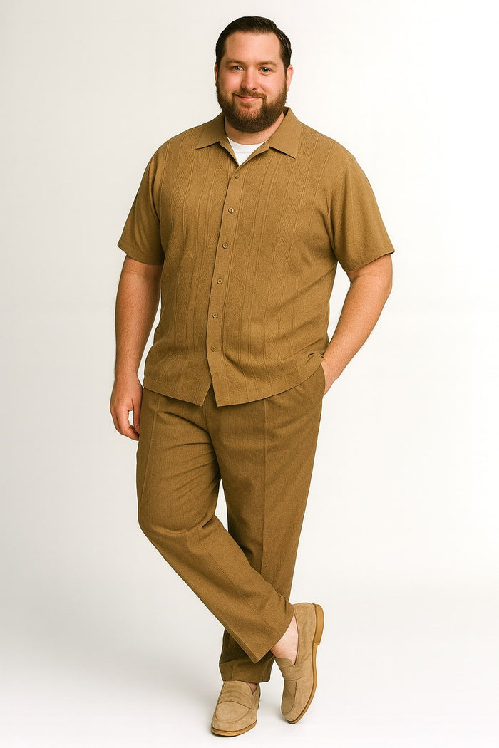 Mens Mocha Brown Short Sleeve Knit Walking Suit Two-Piece Casual Button Down Set in Taupe Coffee Color
