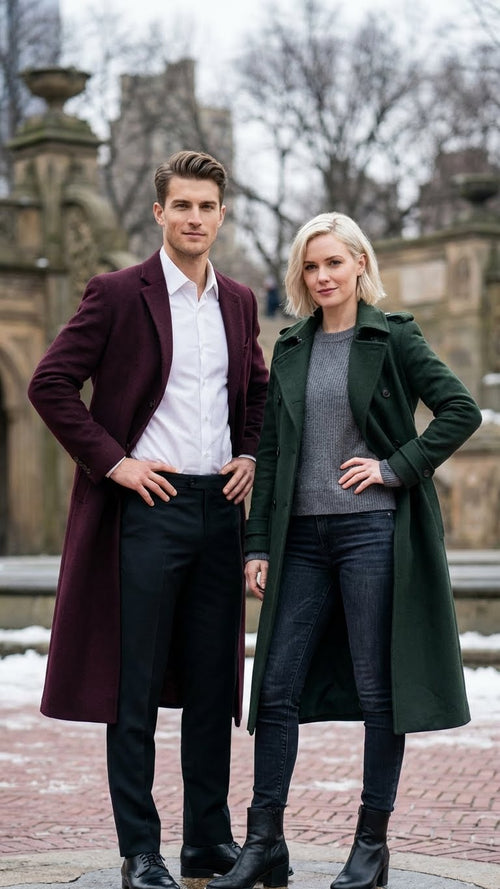 Mens Burgundy Long Coat Classic Fit Wool Blend Overcoat - Topcoat Full length
