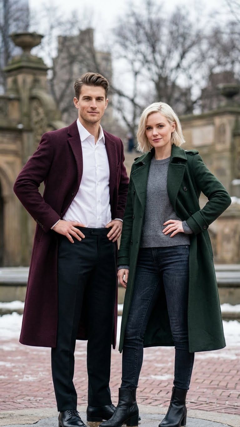 Men’s Burgundy Long Coat – Classic Fit Wool Blend Overcoat - Topcoat Full length - Coat Size 38