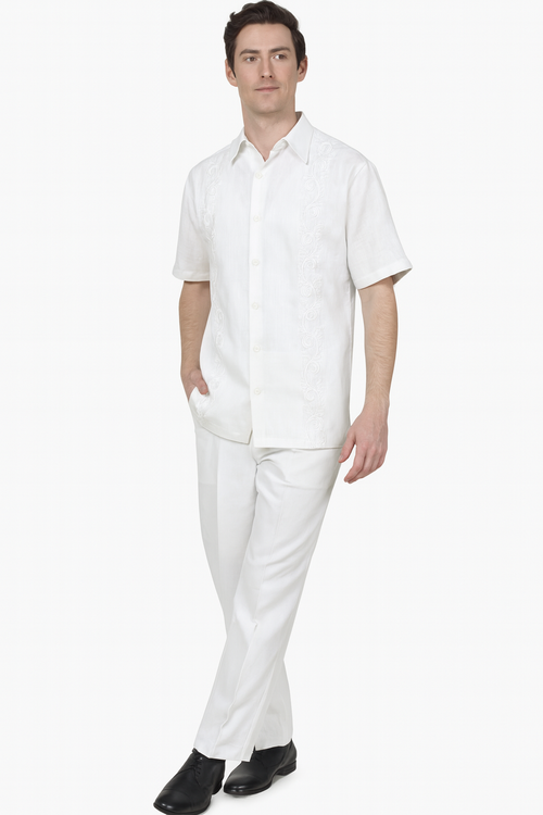 Mens Linen White Embroidered Guayabera Two-Piece Set â€“ Short Sleeve Shirt and Pants - Summer Walking Suit