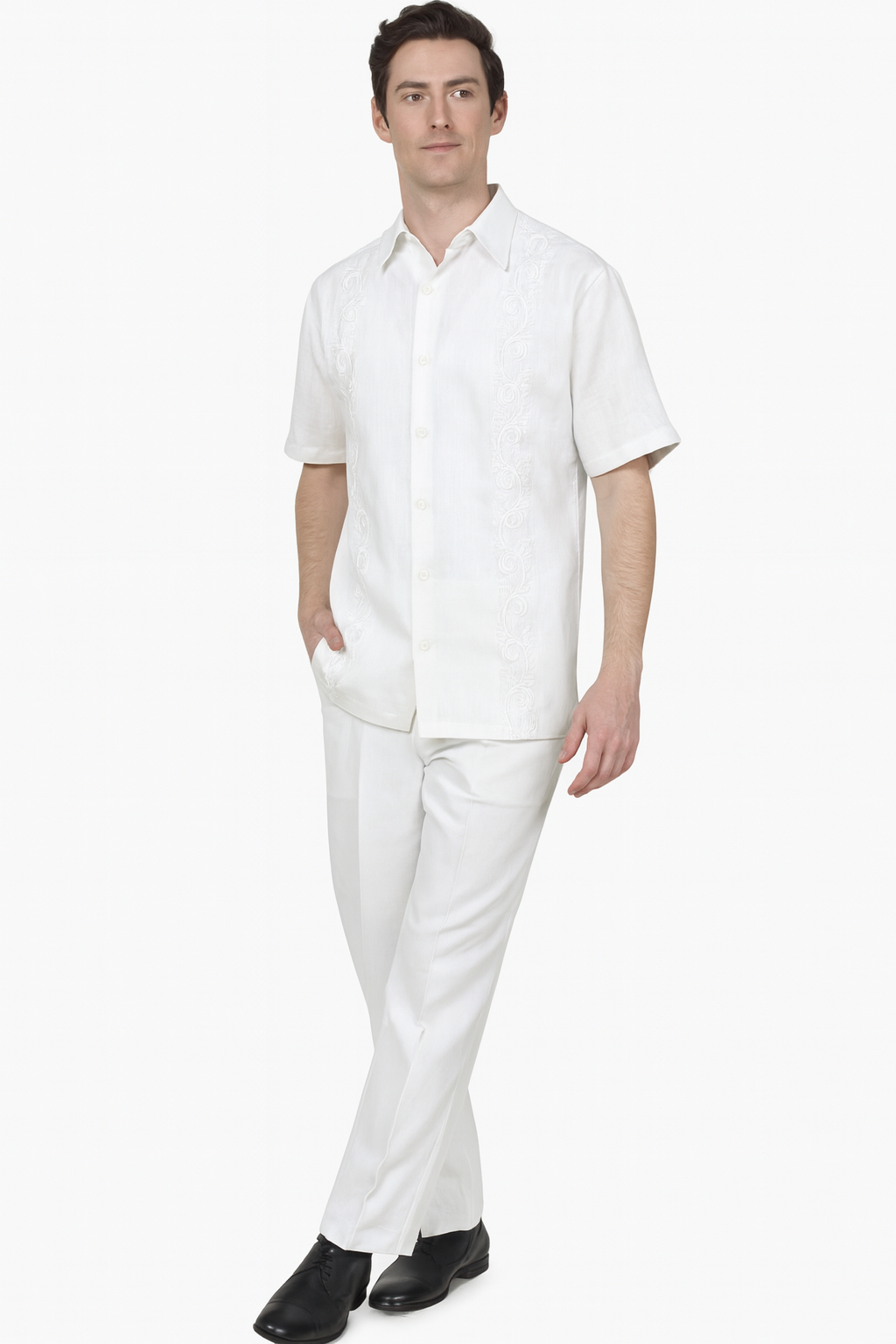 Men’s Linen White Embroidered Guayabera Two-Piece Set – Short Sleeve Shirt and Pants - Summer Walking Suit - S