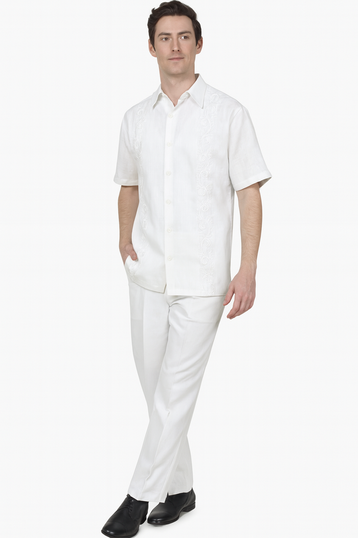 Mens Linen White Embroidered Guayabera Two-Piece Set â€“ Short Sleeve Shirt and Pants - Summer Walking Suit