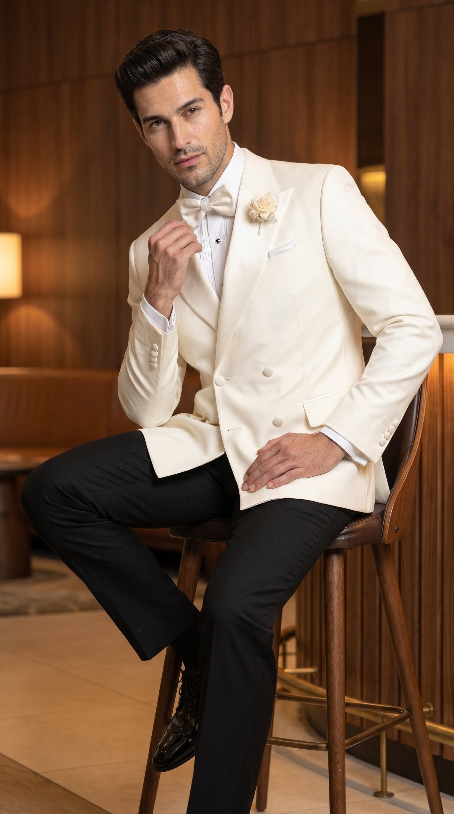 Men’s Ivory Double Breasted Dinner Jacket, Peak Lapel Formal Wedding Prom Tuxedo Blazer in cream off white color - 36 Short