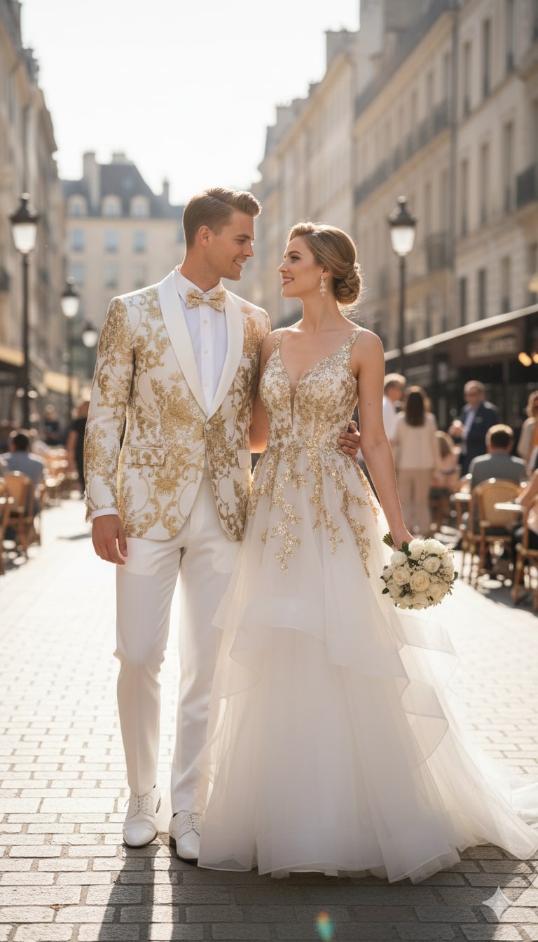 Mens White and Gold Floral Tuxedo Jacket with Satin Lapel – Luxury Prom, Wedding, and Formal Dinner Blazer - 34 Short or Extra Small