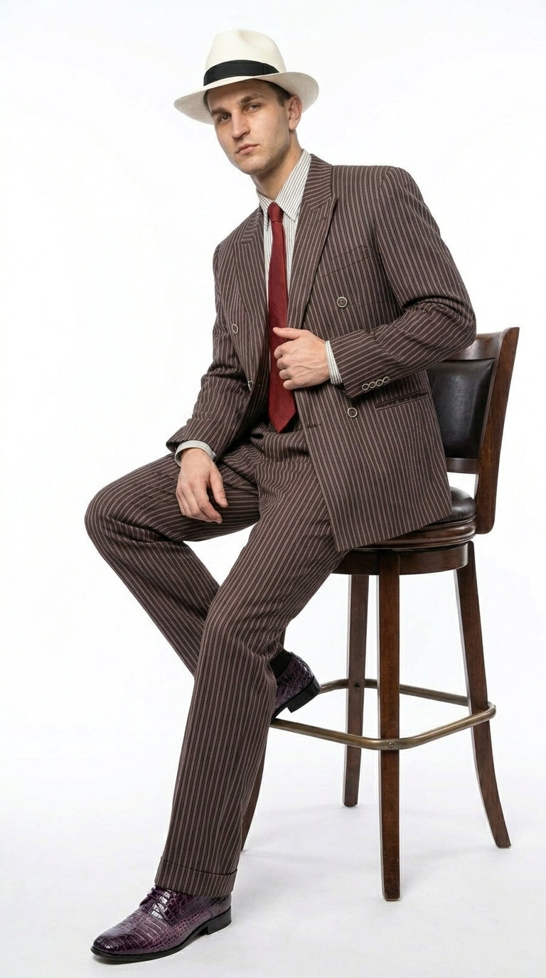Men’s Brown Pinstripe Bonnie and Clyde Costume Suit – Vintage Gangster 1920s Outfit for Party, Halloween and Themed Events - 34 Short or Extra Small