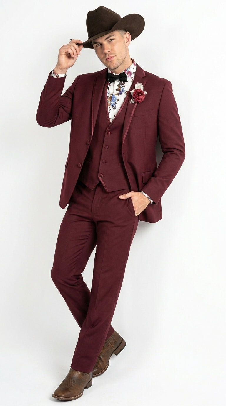 Men’s Burgundy Western Tuxedo Suit, 3 Piece Cowboy Formal Wedding Prom Suit with Satin Trim - 34 Short or Extra Small