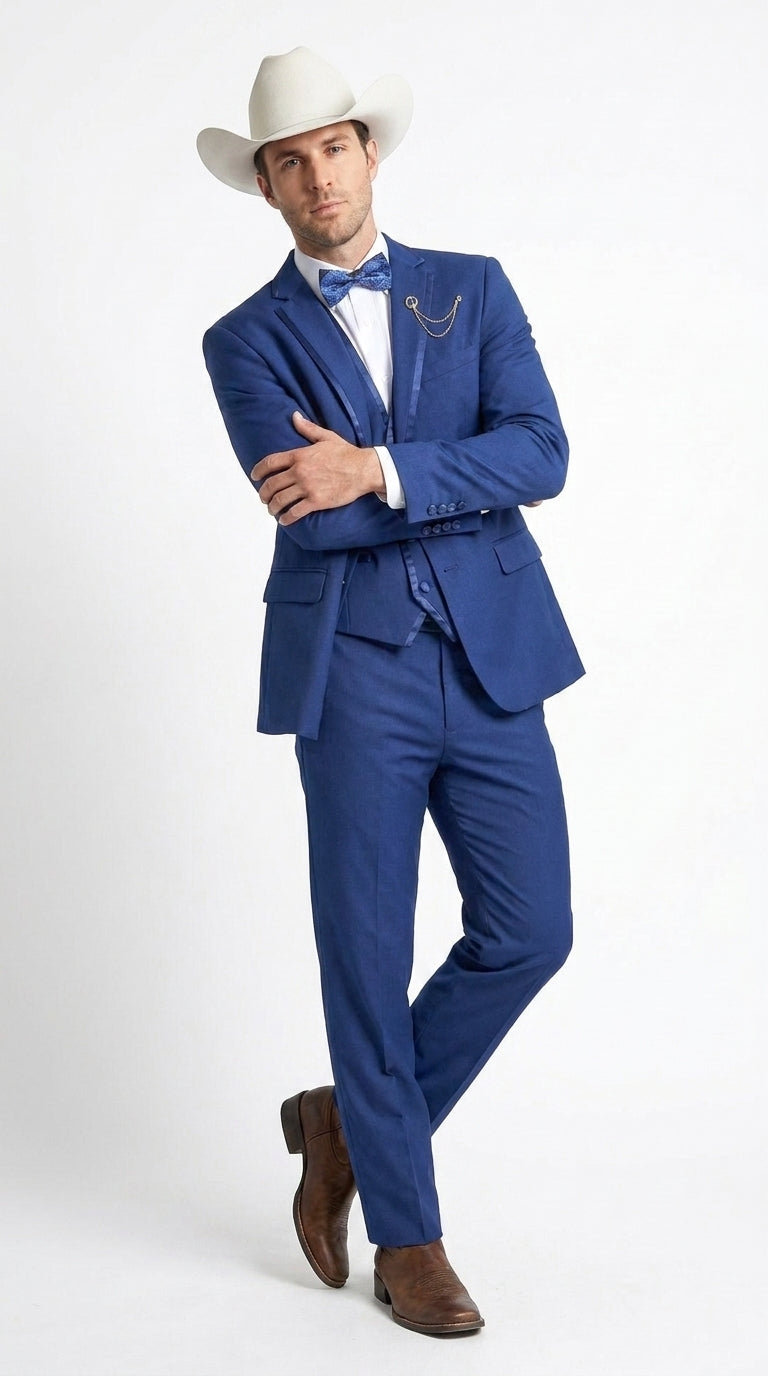 Men’s Blue Western Tuxedo Suit, 3 Piece Cowboy Formal Wedding Prom Suit with Satin Trim - 34 Short or Extra Small