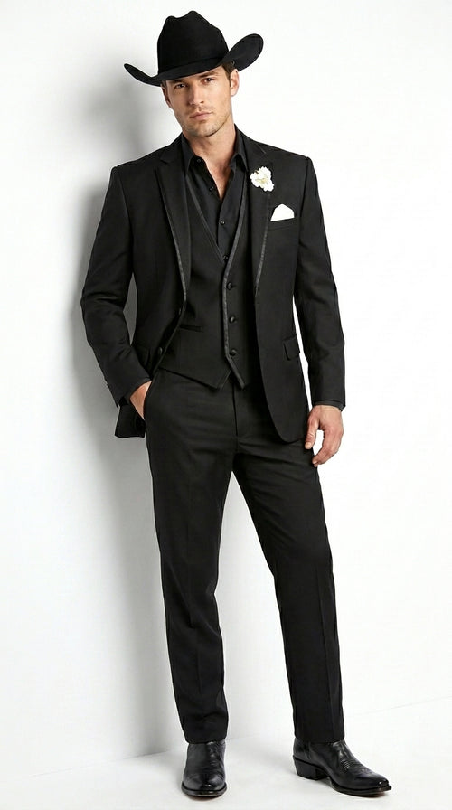 Men’s Black Western Tuxedo Suit, 3 Piece Cowboy Formal Wedding Prom Suit with Satin Trim