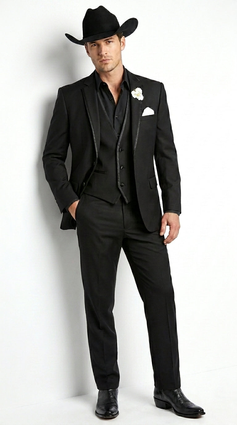 Men’s Black Western Tuxedo Suit, 3 Piece Cowboy Formal Wedding Prom Suit with Satin Trim - 34 Short or Extra Small