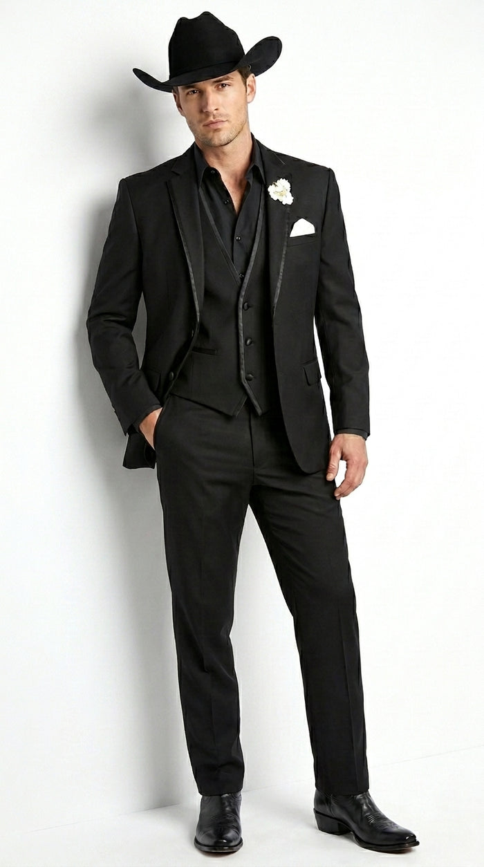 Men’s Black Western Tuxedo Suit, 3 Piece Cowboy Formal Wedding Prom Suit with Satin Trim
