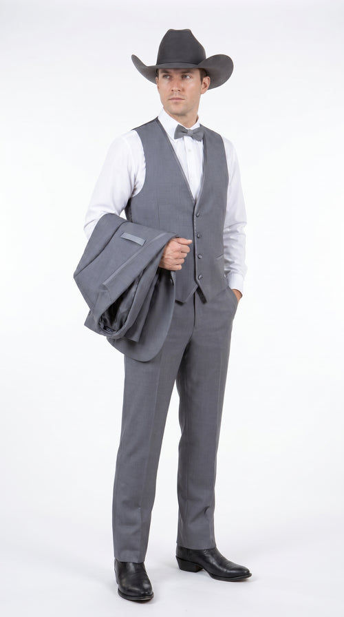 Men's Medium Grey Western 3-Piece Tuxedo Suit with Vest – Cowboy Style Formal Country Outfit
