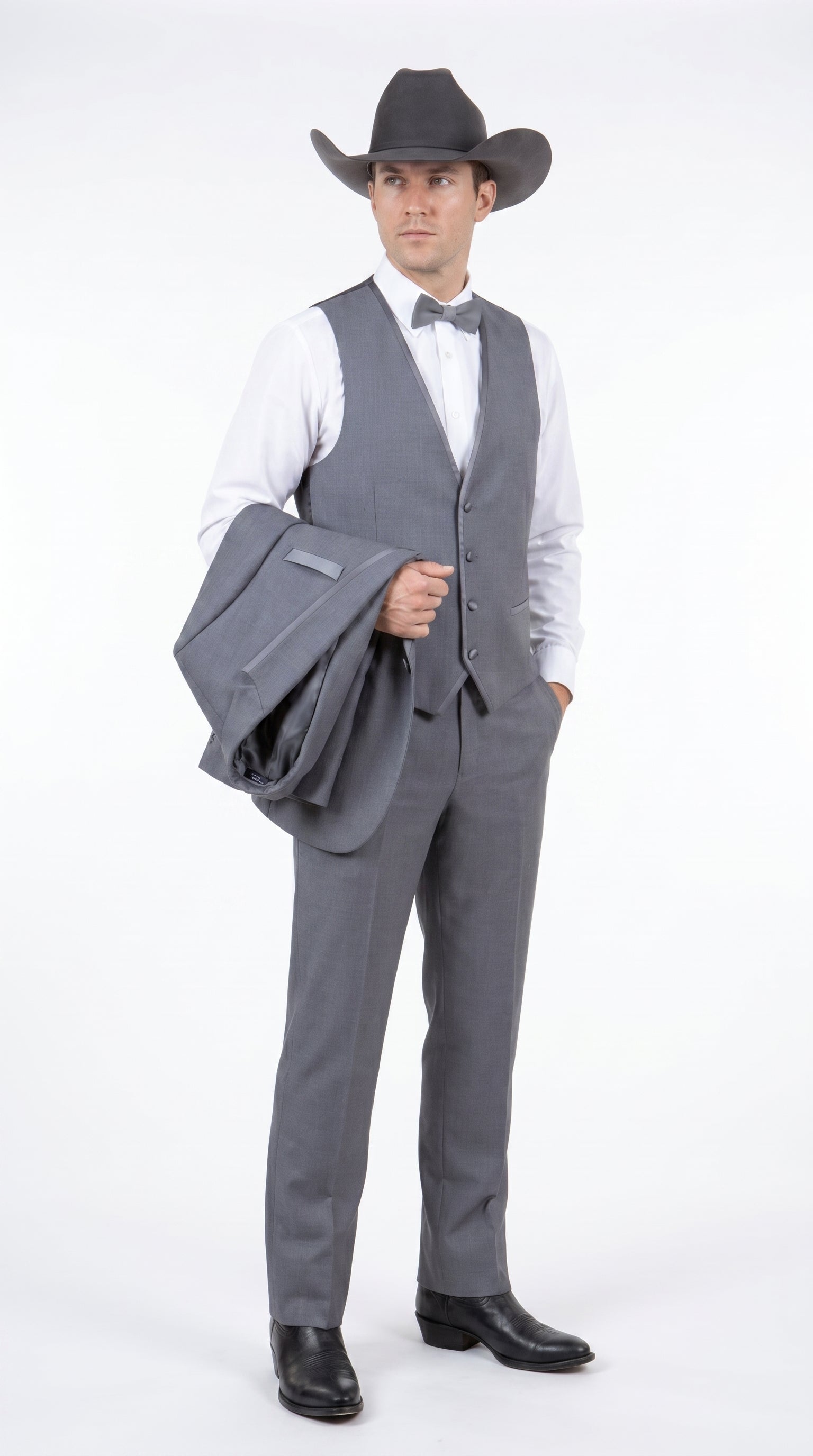 Men's Medium Grey Western 3-Piece Tuxedo Suit with Vest – Cowboy Style Formal Country Outfit