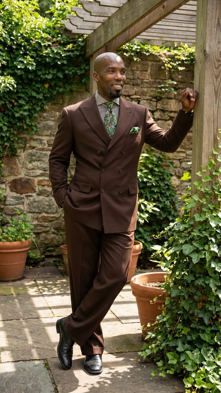 Mens 6 on 3 Style Brown Double Breasted Suit with Wide Leg Pleated Pants, Classic Formal 2 Piece Dress Suit Set