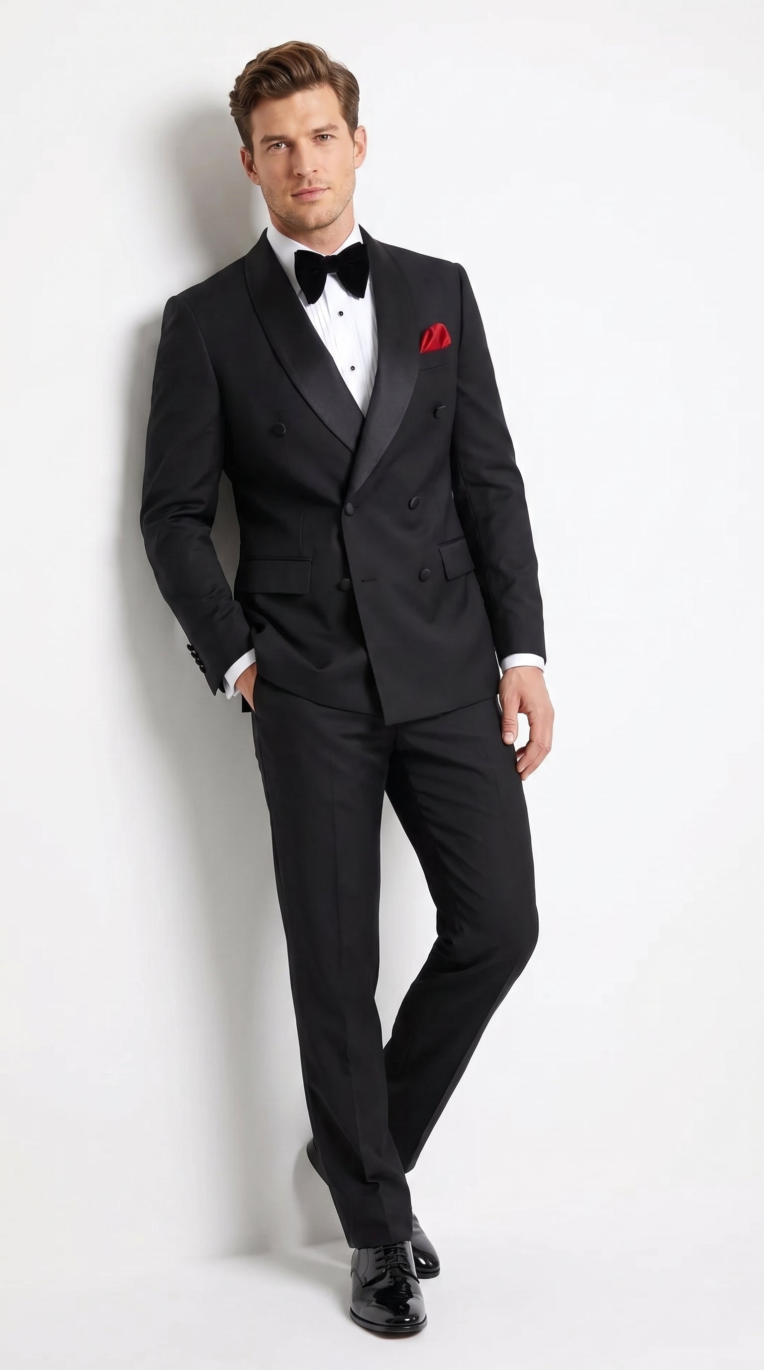 Men’s Black Double Breasted Evening Wear Suit with Satin Shawl Lapel and Red Pocket Square