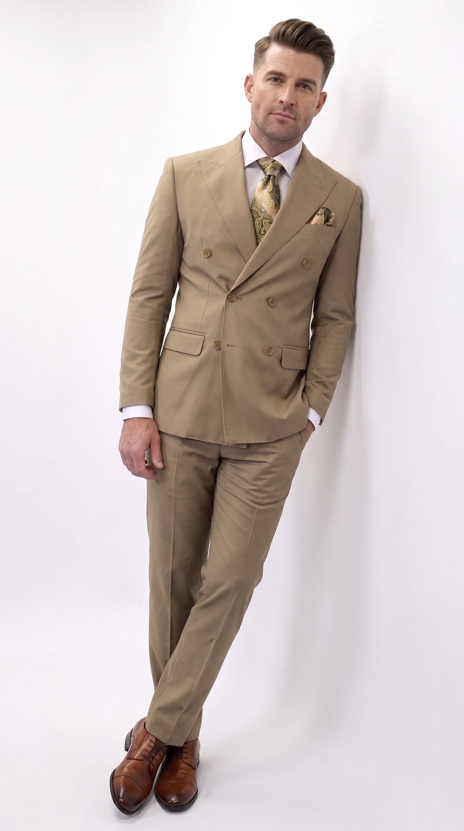 Men’s Statement Brand Caramel Khaki Double Breasted Wool Suit, Designer Formal Business Suit Set Wool Suit in Camel Color - 34 Short or Extra Small