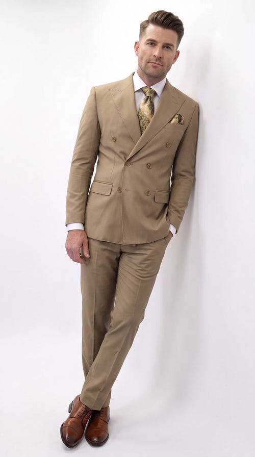 Men’s Statement Brand Caramel Khaki Double Breasted Wool Suit, Designer Formal Business Suit Set Wool Suit in Camel Color